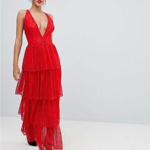 Missguided Red Tiered Lace Maxi Dress